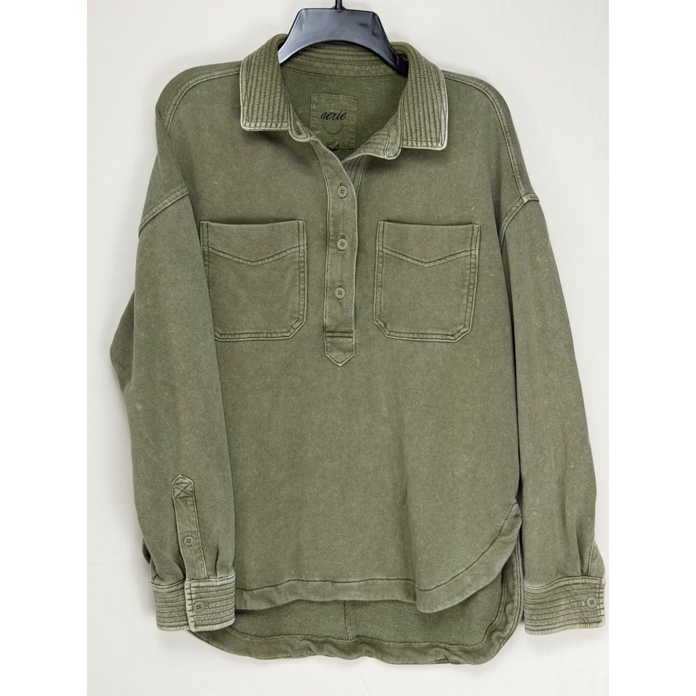 Aerie Women Cotton Pullover Sweatshirt XS Green Henley Corduroy Trim Pocket